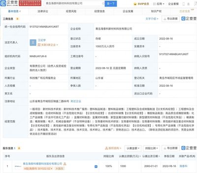 海泰科成立新材料科技公司,經(jīng)營(yíng)范圍含生物基材料制造